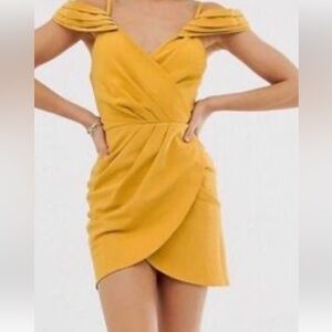 Club L London Mustard Bardot Faux Wrap Mini Dress